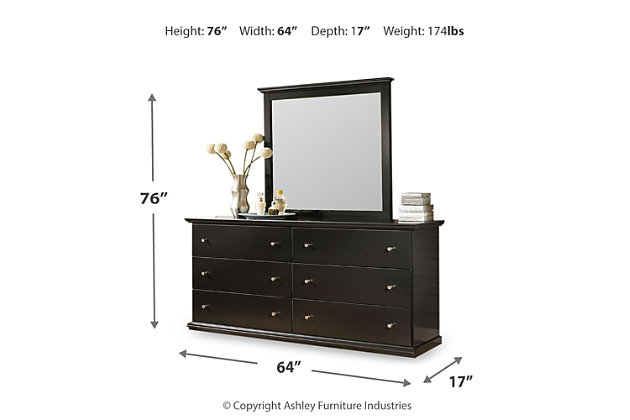 Clean, simple and beautiful. The Maribel dresser and mirror is a reflection of understated elegance. This easy-to-love look makes just the right statement, whether your taste leans toward classic or contemporary. Pewter-tone hardware is a pure pop of sophistication.Made of engineered wood (MDF/particleboard) | Pewter-tone knobs | 6 smooth-operating drawers | Mirror attaches to back of dresser | Assembly required | Includes tipover restraint device | Estimated Assembly Time: 5 Minutes