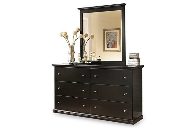 Clean, simple and beautiful. The Maribel dresser is a reflection of understated elegance. This easy-to-love look makes just the right statement, whether your taste leans toward classic or contemporary. Pewter-tone hardware is a pure pop of sophistication.Dresser only | Made of engineered wood (MDF/particleboard) | Pewter-tone knobs | 6 smooth-operating drawers | Includes tipover restraint device | Safety is a top priority, clothing storage units are designed to meet the most current standard for stability, ASTM F 2057 (ASTM International) | Drawers extend out to accommodate maximum access to drawer interior while maintaining safety