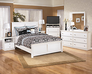 The Bostwick Shoals queen panel bed beautifully stands out with its understated sense of refinement. Whether you’re looking to exude an air of cottage chic flair or a timeless classic sensibility, you’re sure to appreciate Bostwick Shoals’ great versatility. Mattress and foundation/box spring sold separately.Made of engineered wood (MDF/particleboard) | Includes headboard, footboard and rails | Assembly required | Foundation/box spring required, sold separately | Mattress available, sold separately | Estimated Assembly Time: 10 Minutes