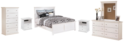 Bostwick Shoals Queen Panel Bed with Mirrored Dresser, Chest and 2 Nightstands, White