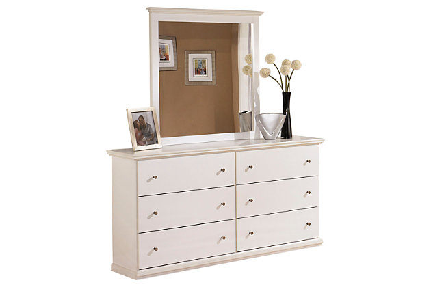 The Bostwick Shoals dresser and mirror set beautifully stands out with its understated sense of refinement. Whether you’re looking to exude an air of cottage chic flair or a timeless classic sensibility, you’re sure to appreciate Bostwick Shoals’ great versatility. Pewter-tone hardware is a pure pop of sophistication.Made of engineered wood (MDF/particleboard) | Pewter-tone knobs | Mirror attaches to back of dresser | 6 smooth-operating drawers | Mirror attaches to back of dresser | Assembly required | Includes tipover restraint device | Estimated Assembly Time: 5 Minutes