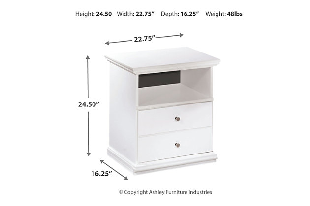 Clean and simply beautiful, the Bostwick Shoals nightstand sets the standard for understated elegance. Though designed to look like a two-drawer piece, a single deep drawer provides plenty of storage potential. Open cubby offers pretty display space, while pewter-tone knobs are a sophisticated finishing touch.Made of engineered wood (MDF/particleboard) | Pewter-tone knobs | 1 smooth-operating drawer | 1 storage cubby | Scalloped moulding | Small Space Solution