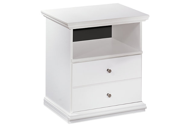 Clean and simply beautiful, the Bostwick Shoals nightstand sets the standard for understated elegance. Though designed to look like a two-drawer piece, a single deep drawer provides plenty of storage potential. Open cubby offers pretty display space, while pewter-tone knobs are a sophisticated finishing touch.Made of engineered wood (MDF/particleboard) | Pewter-tone knobs | 1 smooth-operating drawer | 1 storage cubby | Scalloped moulding | Small Space Solution