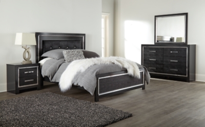 Kaydell Queen Upholstered Panel Bed with Mirrored Dresser, Black