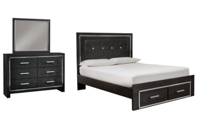 Kaydell Queen Panel Bed with Storage with Mirrored Dresser, Black