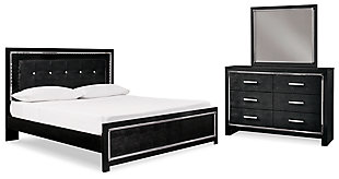 Kaydell King Upholstered Panel Bed with Mirrored Dresser, Black, large