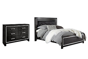 Rest easy. The luxurious look you’ve been dreaming of is yours for the taking—at a price sure to put you at ease. The Kaydell bedroom set brings a sense of old Hollywood with a contemporary flair. A deep, dark finish, faceted chrome-tone accents and LED lighting exude Hollywood-chic style to the max. Padded windowpane-stitching and faux alligator panels infuse a sumptuous look that’s upscale and indulgent, and utterly on trend. Sure to entice those with refined tastes, this set is a contemporary masterpiece.Includes panel bed (headboard, footboard, rails and roll slats) and dresser | Made of engineered wood (MDF/particleboard) and decorative laminate | Dark gray finish with replicated walnut grain; chrome-tone faceted accents | Headboard with and black polyester upholstery; faux crystal button tufting | Dresser with faux alligator panels | 6 smooth-gliding drawers with faux linen lining and large chrome-tone pulls with faceted details | Bed with LED accent lighting with remote control for color and brightness options | Roll slats eliminate the need for foundation/box springs | Mattress available, sold separately | Assembly required | Estimated Assembly Time: 15 Minutes