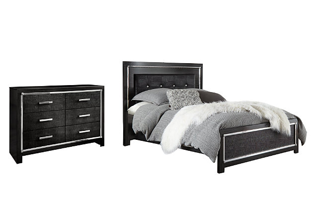 Rest easy. The luxurious look you’ve been dreaming of is yours for the taking—at a price sure to put you at ease. The Kaydell bedroom set brings a sense of old Hollywood with a contemporary flair. A deep, dark finish, faceted chrome-tone accents and LED lighting exude Hollywood-chic style to the max. Padded windowpane-stitching and faux alligator panels infuse a sumptuous look that’s upscale and indulgent, and utterly on trend. Sure to entice those with refined tastes, this set is a contemporary masterpiece.Includes panel bed (headboard, footboard, rails and roll slats) and dresser | Made of engineered wood (MDF/particleboard) and decorative laminate | Dark gray finish with replicated walnut grain; chrome-tone faceted accents | Headboard with and black polyester upholstery; faux crystal button tufting | Dresser with faux alligator panels | 6 smooth-gliding drawers with faux linen lining and large chrome-tone pulls with faceted details | Bed with LED accent lighting with remote control for color and brightness options | Roll slats eliminate the need for foundation/box springs | Mattress available, sold separately | Assembly required | Estimated Assembly Time: 15 Minutes