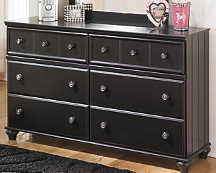 The perfect amount of panache for a teen or tween’s room. Stately finish and pewter-tone knobs give the Jaidyn dresser a sophisticated air. Six large drawers provide plenty of storage, so there will be no excuse for a messy room.Made of engineered wood | Pewter-tone hardware | Turned bun feet | 6 smooth-operating drawers | Dresser only; mirror sold separately