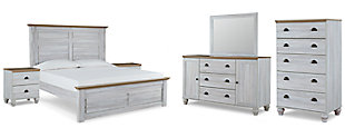 Haven Bay King Panel Bed with Mirrored Dresser, Chest and 2 Nightstands, Two-tone, large