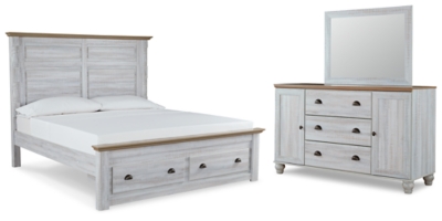 Haven Bay King Panel Storage Bed with Mirrored Dresser, Two-tone