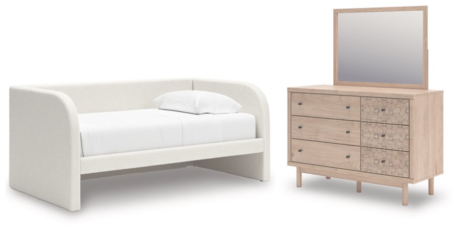 Cama de día tapizada Shapella Twin, tocador y espejo - image 1