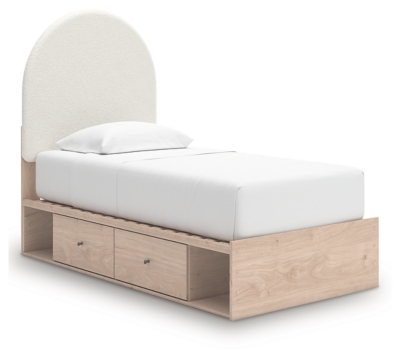 Shapella Twin Upholstered Panel Bed with Storage, Tan/White, large