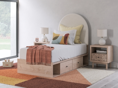 Shapella Twin Upholstered Panel Bed with Storage, Tan/White, rollover
