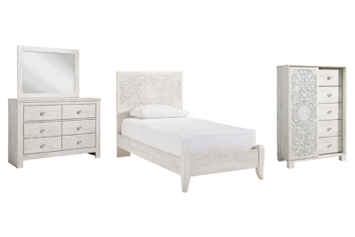 Paxberry Twin Panel Bed with Mirrored Dresser and Chest, Whitewash, large