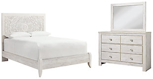 Paxberry Queen Panel Bed with Mirrored Dresser, Whitewash, rollover