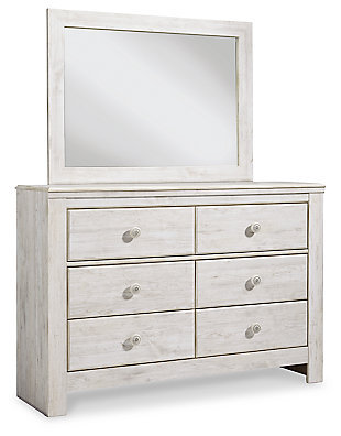 A one-of-a-kind girl deserves a bedroom retreat that celebrates her personal flair—and the Paxberry dresser and mirror set is so befitting. Wowing with bohemian touches and a distressed whitewash finish, this dresser set is rich with possibilities.Includes dresser with mirror | Made of engineered wood (MDF/particleboard) and decorative laminate | Whitewash replicated worn through paint with authentic touch | Hardware features a worn-through painted effect | 6 smooth-gliding drawers with faux laminate lining | Mirror attaches to back of dresser | Assembly required | Estimated Assembly Time: 5 Minutes