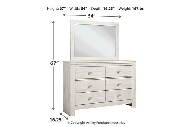 A one-of-a-kind girl deserves a bedroom retreat that celebrates her personal flair—and the Paxberry dresser and mirror set is so befitting. Wowing with bohemian touches and a distressed whitewash finish, this dresser set is rich with possibilities.Includes dresser with mirror | Made of engineered wood (MDF/particleboard) and decorative laminate | Whitewash replicated worn through paint with authentic touch | Hardware features a worn-through painted effect | 6 smooth-gliding drawers with faux laminate lining | Mirror attaches to back of dresser | Assembly required | Estimated Assembly Time: 5 Minutes
