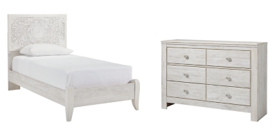 Paxberry Twin Panel Bed with Dresser, Whitewash, large