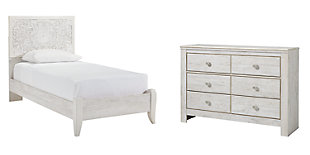 Paxberry Twin Panel Bed with Dresser, Whitewash, large
