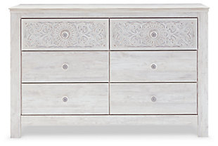 If it’s coastal chic or cottage quaint style you long for, the Paxberry whitewashed dresser invites you to go to town. Its distinctive weatherworn finish conveys an easy-breezy sensibility, perfect for a restful bedroom retreat. Tastefully edited lines and medallion drawer pulls give this attractively priced dresser a high-end aesthetic.Dresser only (mirror sold separately) | Made of engineered wood (MDF/particleboard) and decorative laminate | Whitewash replicated worn through paint with authentic touch | Hardware features a worn-through painted effect | 6 smooth-gliding drawers with faux laminate lining | Assembly required | Safety is a top priority, clothing storage units are designed to meet the most current standard for stability, ASTM F 2057 (ASTM International) | Drawers extend out to accommodate maximum access to drawer interior while maintaining safety
