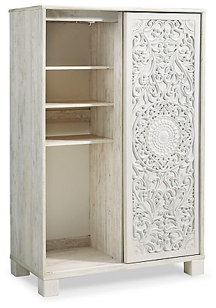 A one-of-a-kind girl deserves a bedroom retreat that celebrates her personal flair—and the Paxberry chest of drawers is so befitting. Wowing with an artful, carved-effect sliding door and richly distressed whitewash finish, this 5-drawer chest with additional shelved storage is packed with possibilities.Made of engineered wood (MDF/particleboard) and decorative laminate | Whitewash replicated worn through paint with authentic touch | 5 smooth-gliding drawers with faux laminate lining | Slider door revealing open storage with 3 adjustable shelves | Safety is a top priority, clothing storage units are designed to meet the most current standard for stability, ASTM F 2057 (ASTM International) | Drawers extend out to accommodate maximum access to drawer interior while maintaining safety