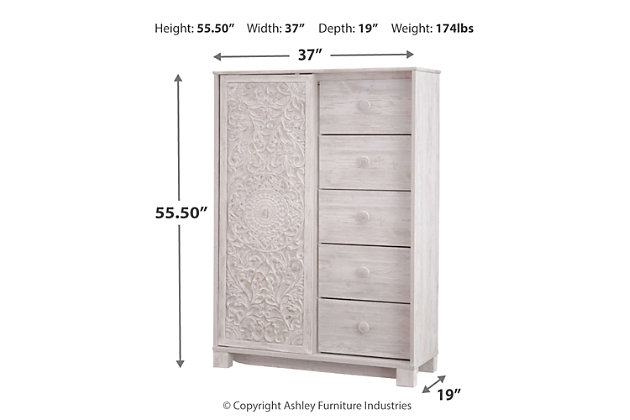 A one-of-a-kind girl deserves a bedroom retreat that celebrates her personal flair—and the Paxberry chest of drawers is so befitting. Wowing with an artful, carved-effect sliding door and richly distressed whitewash finish, this 5-drawer chest with additional shelved storage is packed with possibilities.Made of engineered wood and decorative laminate | Whitewash replicated worn through paint with authentic touch | 5 smooth-gliding drawers with faux laminate lining | Slider door revealing open storage with 3 adjustable shelves | Safety is a top priority, clothing storage units are designed to meet the most current standard for stability, ASTM F 2057 (ASTM International) | Drawers extend out to accommodate maximum access to drawer interior while maintaining safety