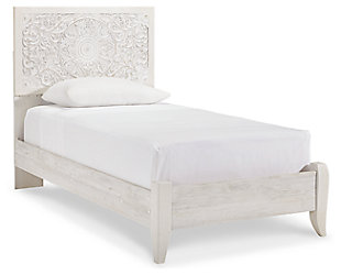 Your young trendsetter can live out her free spirit with the Paxberry twin bed with nightstand. Exquisite carved medallion pattern is a testament to true style. Charming whitewashed finish sets a foundation for a room bursting with personality. Headboard legs have four height options to grow with your child. Mattress and foundation/box spring available, sold separately.Includes twin panel bed (with headboard, footboard and rails) and nightstand | Made of engineered wood and engineered veneers | Headboard with adjustable height | Whitewashed finish | Nightstand with 2 smooth-gliding drawers and faux laminate lining | Mattress and foundation/box spring available, sold separately | Assembly required | Estimated Assembly Time: 5 Minutes