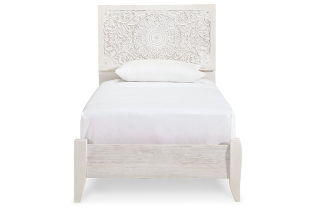 Your young trendsetter can live out her free spirit with the Paxberry twin bed. Exquisite carved medallion pattern is a testament to true style. Charming whitewashed finish sets a foundation for a room bursting with personality. Headboard legs have four height options to grow with your child. Mattress and foundation/box spring available, sold separately.Includes headboard, footboard and rails | Made of engineered wood and decorative laminate | Whitewash replicated worn through paint with authentic touch | Headboard with adjustable height | Mattress not included, sold separately | Foundation/box spring required, sold separately | Assembly required | Estimated Assembly Time: 5 Minutes