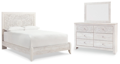 Paxberry Queen Panel Bed with Mirrored Dresser, Whitewash, large