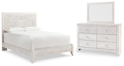 Paxberry Queen Panel Bed with Mirrored Dresser, Whitewash