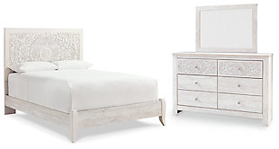 Paxberry Queen Panel Bed with Mirrored Dresser, Whitewash, large