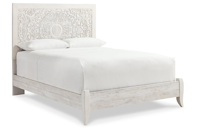 Your young trendsetter can live out her free spirit with the Paxberry queen bed. Exquisite carved medallion pattern is a testament to true style. Charming whitewashed finish sets a foundation for a room bursting with personality. Headboard legs have four height options to grow with your child. Includes headboard, footboard and rails | Made of engineered wood (MDF/particleboard) and decorative laminate | Whitewash replicated worn through paint with authentic touch | Headboard with adjustable height | Mattress not included, sold separately | Foundation/box spring required, sold separately | Assembly required | Estimated Assembly Time: 5 Minutes