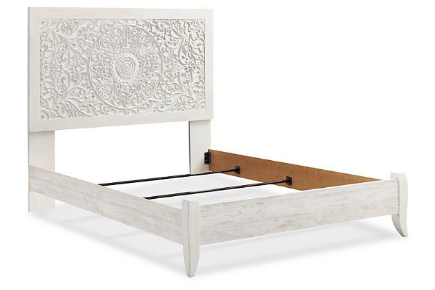 Your young trendsetter can live out her free spirit with the Paxberry bed. Exquisite carved medallion pattern is a testament to true style. Charming whitewashed finish sets a foundation for a room bursting with personality. Headboard legs have four height options to grow with your child. Includes headboard, footboard and rails | Made of engineered wood and decorative laminate | Whitewash replicated worn through paint with authentic touch | Headboard with adjustable height | Mattress not included, sold separately | Foundation/box spring required, sold separately | Assembly required | Estimated Assembly Time: 5 Minutes