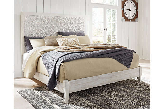 Showcase your trend-setting spirit with the Paxberry bed. Inspired by bohemian tapestries, exquisite carved medallion pattern is a testament to boho-chic style. Whitewash finish sets a foundation for a room bursting with personality. Includes headboard, footboard and rails | Made of engineered wood (MDF/particleboard) and decorative laminate | Whitewash replicated worn through paint with authentic touch | Headboard with adjustable height | Mattress not included, sold separately | Foundation/box spring required, sold separately | Assembly required | Estimated Assembly Time: 5 Minutes