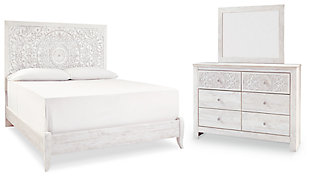 Paxberry King Panel Bed with Mirrored Dresser, Whitewash, large