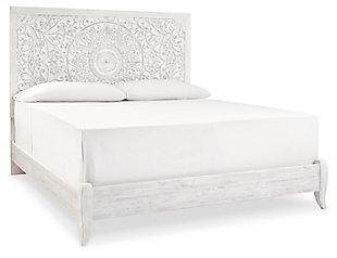 Showcase your trend-setting spirit with the Paxberry bed. Inspired by bohemian tapestries, exquisite carved medallion pattern is a testament to boho-chic style. Whitewash finish sets a foundation for a room bursting with personality. Includes headboard, footboard and rails | Made of engineered wood (MDF/particleboard) and decorative laminate | Whitewash replicated worn through paint with authentic touch | Headboard with adjustable height | Mattress not included, sold separately | Foundation/box spring required, sold separately | Assembly required | Estimated Assembly Time: 5 Minutes