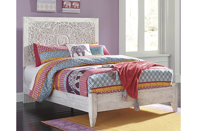 Your trendsetting child can live out elegant bohemian dreams with the Paxberry full bed and nightstand. The exquisitely carved medallion pattern adorning this set adds a sophisticated charm, and the charming whitewashed finish sets a foundation for style you can layer with color. The headboard legs have four height options, and the nightstand offers two drawers for storage and two USB ports for modern convenience.Made of engineered wood (MDF/particleboard) and faux veneer | Includes headboard, footboard, rails and nightstand | Headboard has adjustable height legs | Nightstand with 2 smooth-gliding drawers with faux laminate lining and 2 slim-profile USB charging ports | Power cord included; UL Listed | Whitewashed finish | Mattress and foundation/box spring available, sold separately | Estimated Assembly Time: 5 Minutes