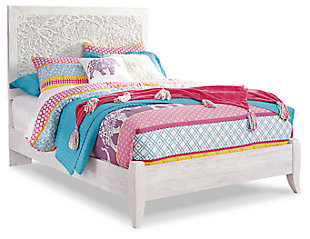 Your trendsetting child can live out elegant bohemian dreams with the Paxberry full bed and nightstand. The exquisitely carved medallion pattern adorning this set adds a sophisticated charm, and the charming whitewashed finish sets a foundation for style you can layer with color. The headboard legs have four height options, and the nightstand offers two drawers for storage and two USB ports for modern convenience.Made of engineered wood (MDF/particleboard) and faux veneer | Includes headboard, footboard, rails and nightstand | Headboard has adjustable height legs | Nightstand with 2 smooth-gliding drawers with faux laminate lining and 2 slim-profile USB charging ports | Power cord included; UL Listed | Whitewashed finish | Mattress and foundation/box spring available, sold separately | Estimated Assembly Time: 5 Minutes