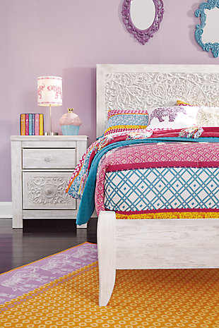 Your young trendsetter can live out her free spirit with the Paxberry twin headboard. Exquisite carved medallion pattern is a testament to boho-chic style. Charming whitewashed finish sets a foundation for a room bursting with personality. Adjustable height design offers added flexibility.Headboard only | Made of engineered wood (MDF/particleboard) and decorative laminate | Whitewash replicated worn through paint with authentic touch | Headboard legs with 4 adjustable heights | Hardware not included | ¼" bolts are needed to attach headboard to existing bed frame (sold separately) | Mattress and foundation/box spring available, sold separately | Assembly required