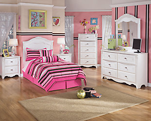 Inspired by French provincial style, the Exquisite chest of drawers is perfect for la petite mademoiselle. Drawers are embossed with an eye-catching decorative motif. Luminous finish complements every color of the rainbow.Made of engineered wood (MDF/particleboard) | Brushed nickel-tone hardware with faux crystal knobs | Ornamental fluted post | 5 drawers | Safety is a top priority, clothing storage units are designed to meet the most current standard for stability, ASTM F 2057 (ASTM International) | Drawers extend out to accommodate maximum access to drawer interior while maintaining safety