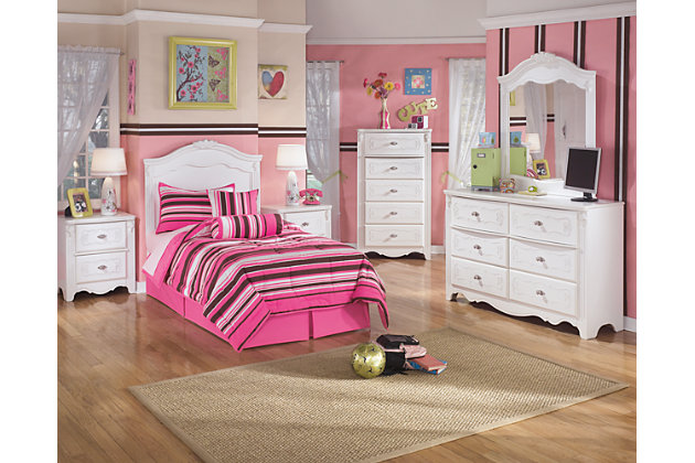 Inspired by French provincial style, the Exquisite dresser and mirror set is perfect for la petite mademoiselle. Drawers are embossed with an eye-catching decorative motif that's très chic. Luminous finish complements every color of the rainbow.Ornamental fluted post | Mirror attaches to back of dresser | 6 drawers | Assembly required | Brushed nickel-tone hardware with faux crystal knobs | Made of engineered wood | Estimated Assembly Time: 5 Minutes