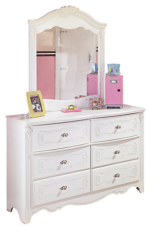 Inspired by French provincial style, the Exquisite dresser and mirror set is perfect for la petite mademoiselle. Drawers are embossed with an eye-catching decorative motif that's très chic. Luminous finish complements every color of the rainbow.Ornamental fluted post | Mirror attaches to back of dresser | 6 drawers | Assembly required | Brushed nickel-tone hardware with faux crystal knobs | Made of engineered wood | Estimated Assembly Time: 5 Minutes