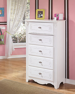 Inspired by French provincial style, the Exquisite chest of drawers is perfect for la petite mademoiselle. Drawers are embossed with an eye-catching decorative motif. Luminous finish complements every color of the rainbow.Made of engineered wood (MDF/particleboard) | Brushed nickel-tone hardware with faux crystal knobs | Ornamental fluted post | 5 drawers | Safety is a top priority, clothing storage units are designed to meet the most current standard for stability, ASTM F 2057 (ASTM International) | Drawers extend out to accommodate maximum access to drawer interior while maintaining safety