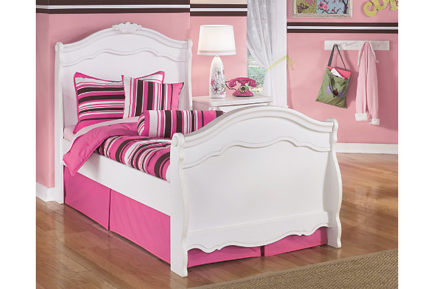 Inspired by French provincial style, the Exquisite twin sleigh bed is perfect for la petite mademoiselle. Embossed with a decorative motif of rosettes and appliques, the detailed framework is beautiful in every way. Mattress and foundation/box spring sold separately.Made of engineered wood | Includes headboard, footboard and rails | Assembly Required | Estimated Assembly Time: 10 Minutes