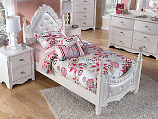 Inspired by French provincial style, the Exquisite nightstand is perfect for la petite mademoiselle. Drawers are embossed with an eye-catching decorative motif. Luminous finish complements every color of the rainbow.Made of engineered wood (MDF/particleboard) | 2 drawers | Brushed nickel-tone hardware | Decorative embossed frame | Ornamental fluted post
