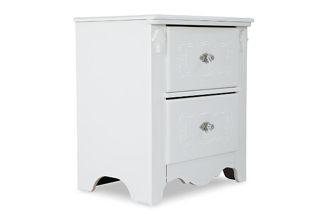 Inspired by French provincial style, the Exquisite nightstand is perfect for la petite mademoiselle. Drawers are embossed with an eye-catching decorative motif. Luminous finish complements every color of the rainbow.Made of engineered wood (MDF/particleboard) | 2 drawers | Brushed nickel-tone hardware | Decorative embossed frame | Ornamental fluted post