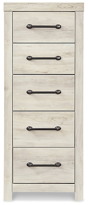 What a delightful take on rustic industrial style. Whether modern loft or modern farmhouse, the Cambeck 5-drawer narrow chest makes itself at home. The wispy whitewash palette enhances without covering the grain for that weathered look you crave. Designed to accommodate smaller spaces, its linear profile and modern handles are a refreshing change of pace.Made of engineered wood and decorative laminate | Wispy white finish over replicated oak grain with authentic touch | Dark-tone industrial hardware | 5 smooth-gliding drawers | Drawers lined with faux linen laminate for clean, finished look | Safety is a top priority, clothing storage units are designed to meet the most current standard for stability, ASTM F 2057 (ASTM International) | Drawers extend out to accommodate maximum access to drawer interior while maintaining safety