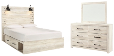 Cambeck Queen Panel Bed with 4 Storage Drawers with Mirrored Dresser ...