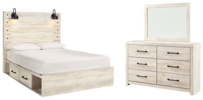 Cambeck Queen Panel Bed with 4 Storage Drawers with Mirrored Dresser, Whitewash